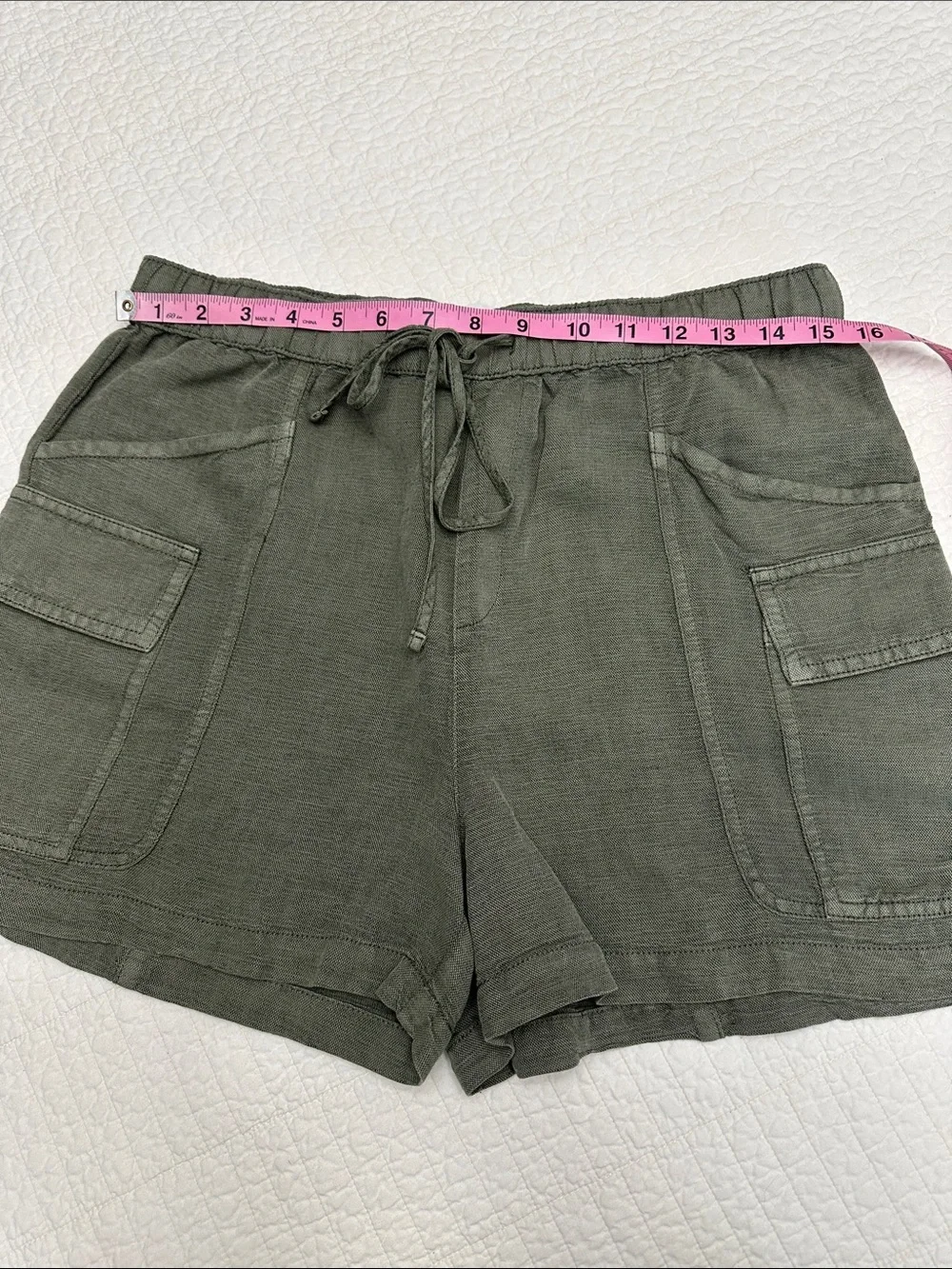Nicole Miller Medium Linen Blend Olive Green Women's Cargo Drawstring Shorts